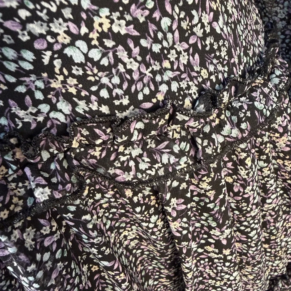 NWT She + Sky Spring Time Floral Mini Dress Small Black Lavender Ruffle V Neck